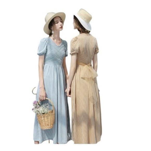 Cottagecore Coastal Neutral Feminine striped wrap puffed sleeves Maxi dress L - Picture 2 of 16